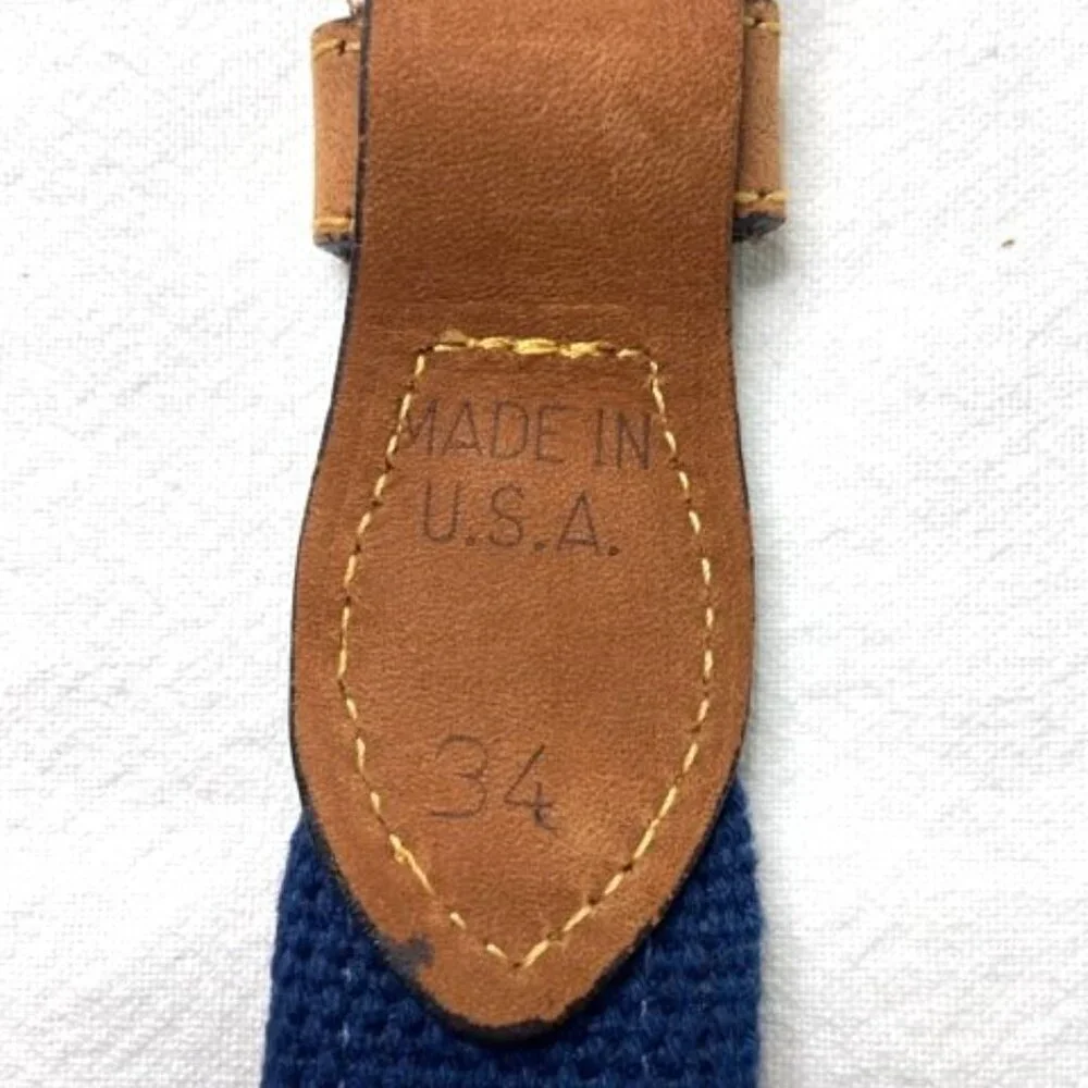 Zeppelin Men's Belt Sz‎ 34 Solid Brass Buckle Blue Brown Nautical Flag Print USA
